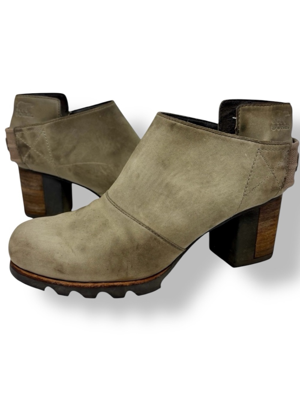 Sorel Addington Strap Chunky Heel Ankle Boots Gray Nubuck Leather Round Toe 9.5